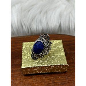 Vintage DGS Sterling Silver Lapis Lazuli Telkari Filigree Ring Size 8